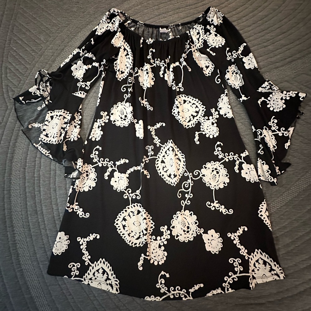 Black Floral Swing Dress with Bell Sleeves